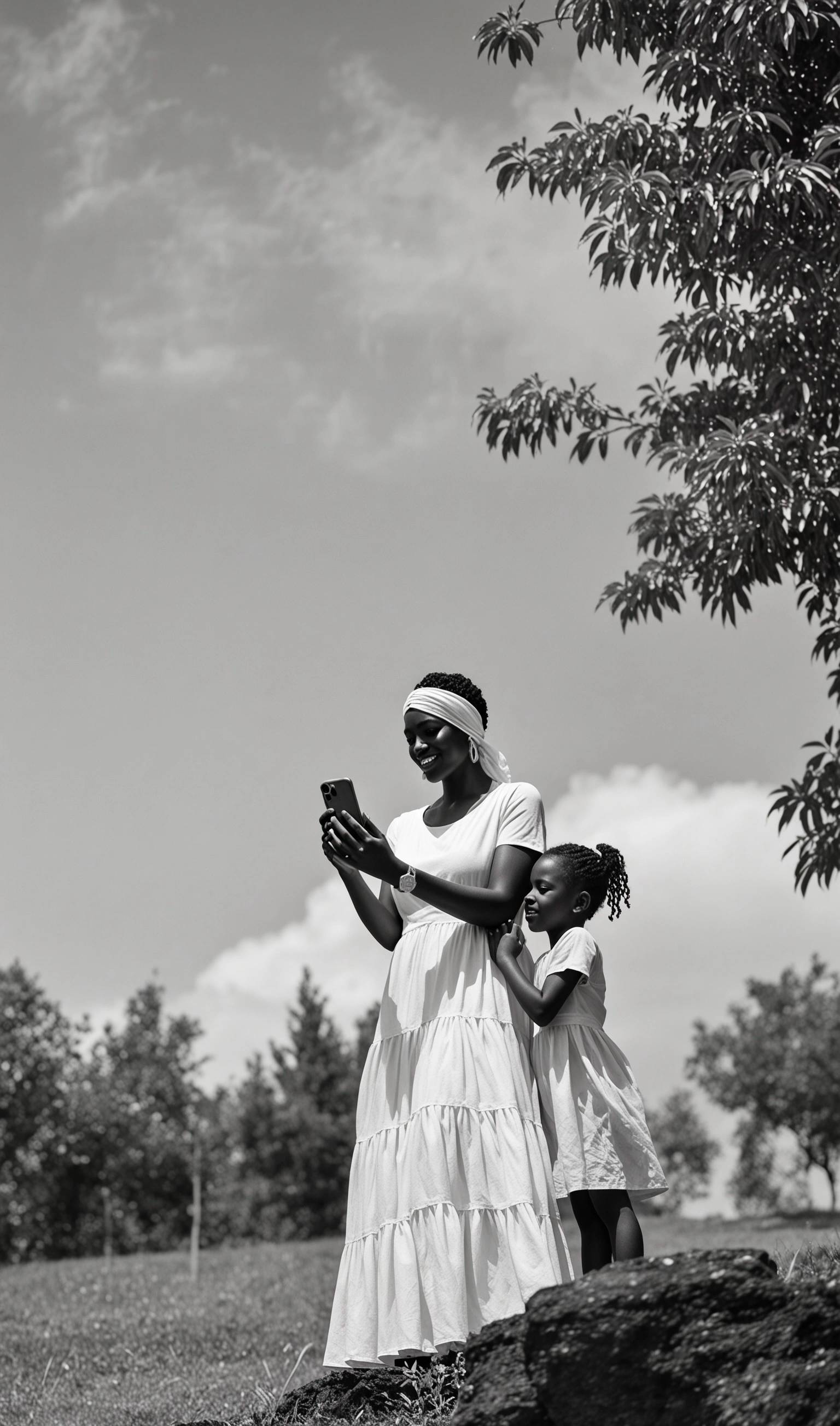 Une mère et sa fille regardent un téléphone en plein air